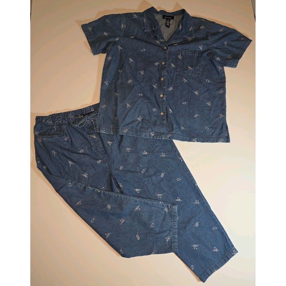 Vtg Denim & Co Coordinate Set Cotton Embroidered Capri Pant Shirt Blue Womens 1X